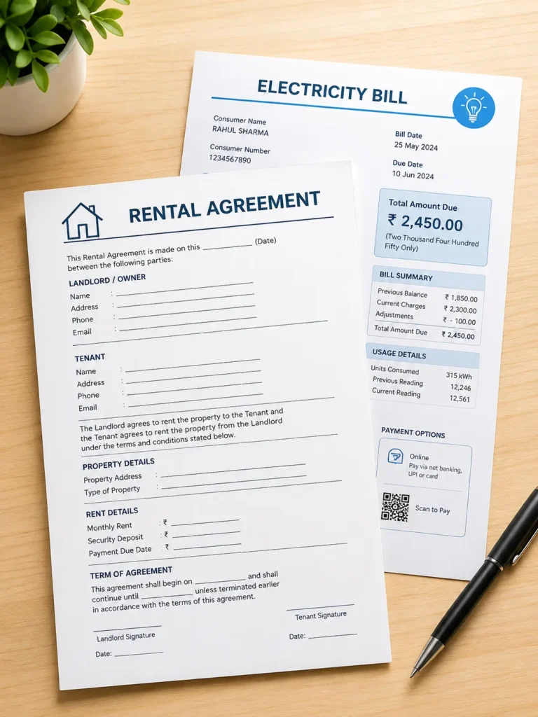 Rental agreement or electricity bill, if required Rental agreement or electricity bill, if required