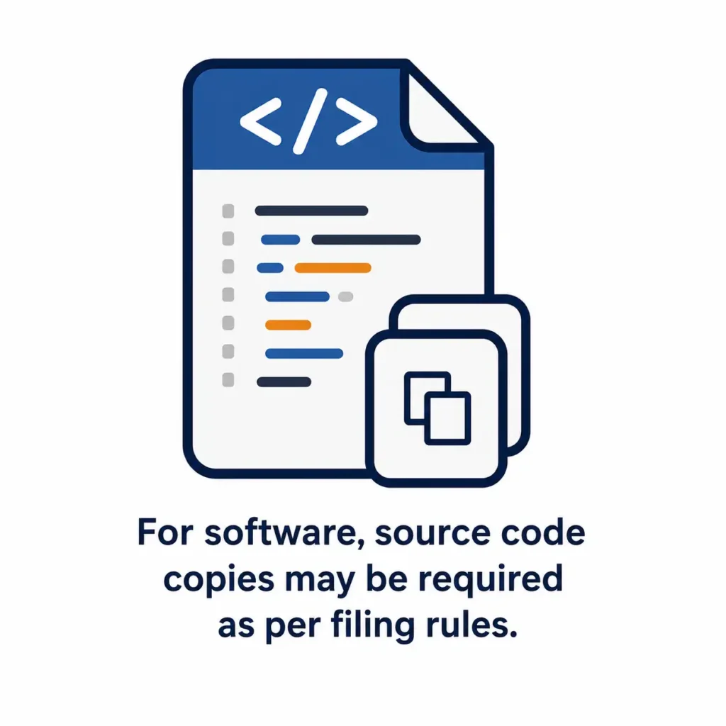 For software, source code copies may be required as per filing rules. For software, source code copies may be required as per filing rules.