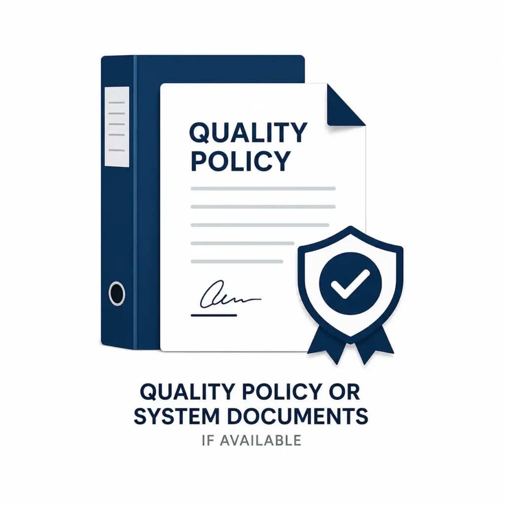 Quality policy or system documents, if available Quality policy or system documents, if available
