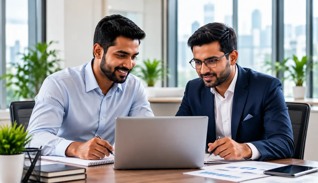 Collaborative Work at a Bright Office Desk